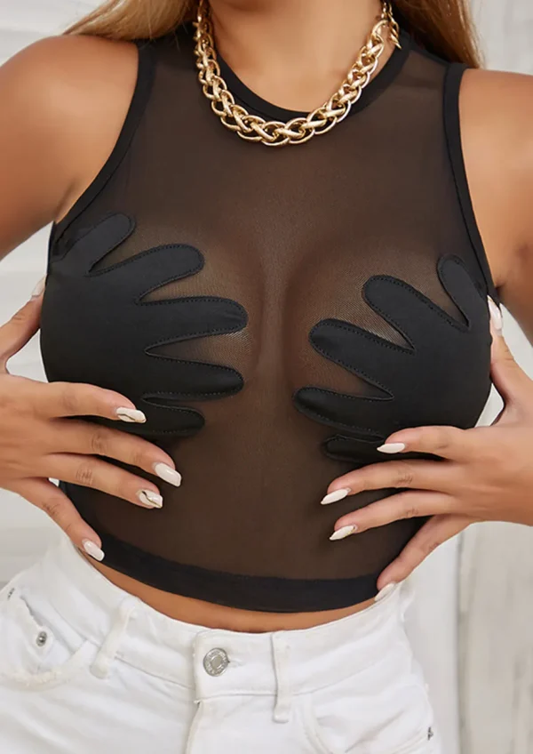 Hand Detail Mesh Semi-sheer Crop Top