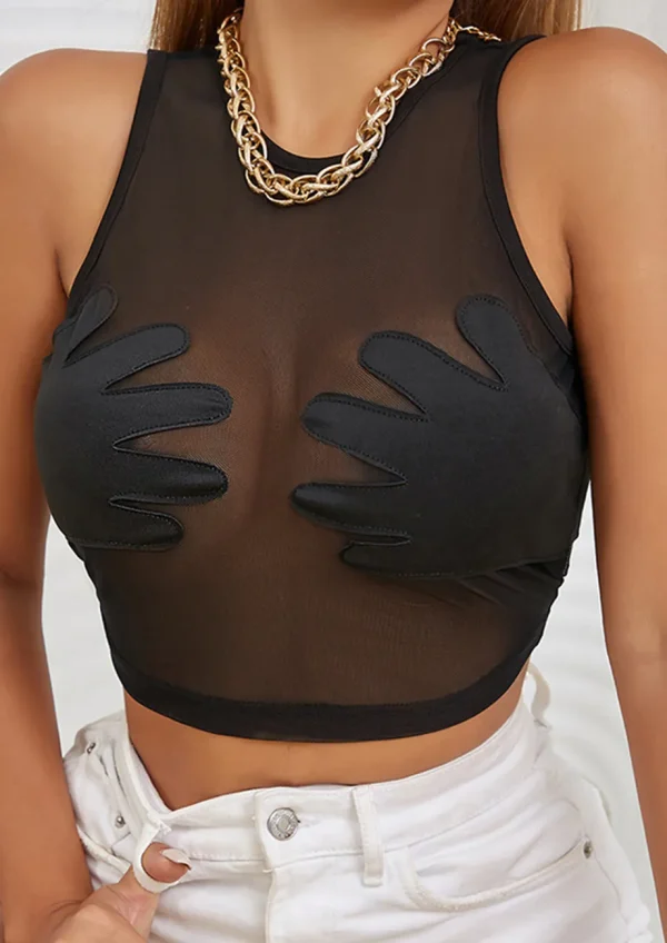 Hand Detail Mesh Semi-sheer Crop Top - Image 2