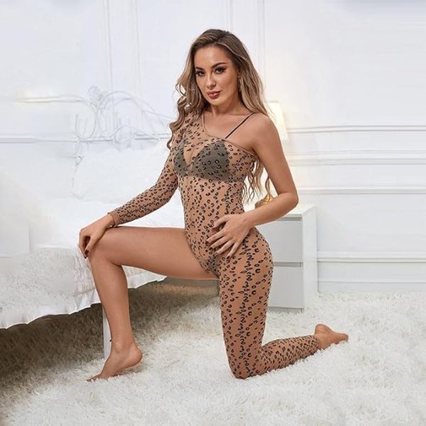 Leopard Print One Shoulder Sheer Nude Bodysuit - Image 2