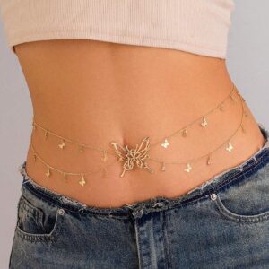 Shiny Gold Butterfly Pendant Layered Belly Chain