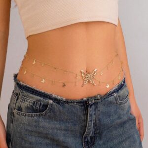Shiny Gold Butterfly Pendant Layered Belly Chain