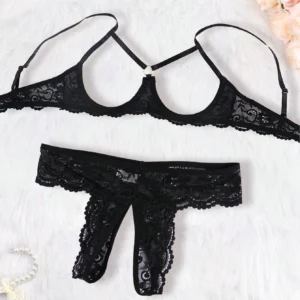 Women’s Black Sexy Crotchless Lace Lingerie Set