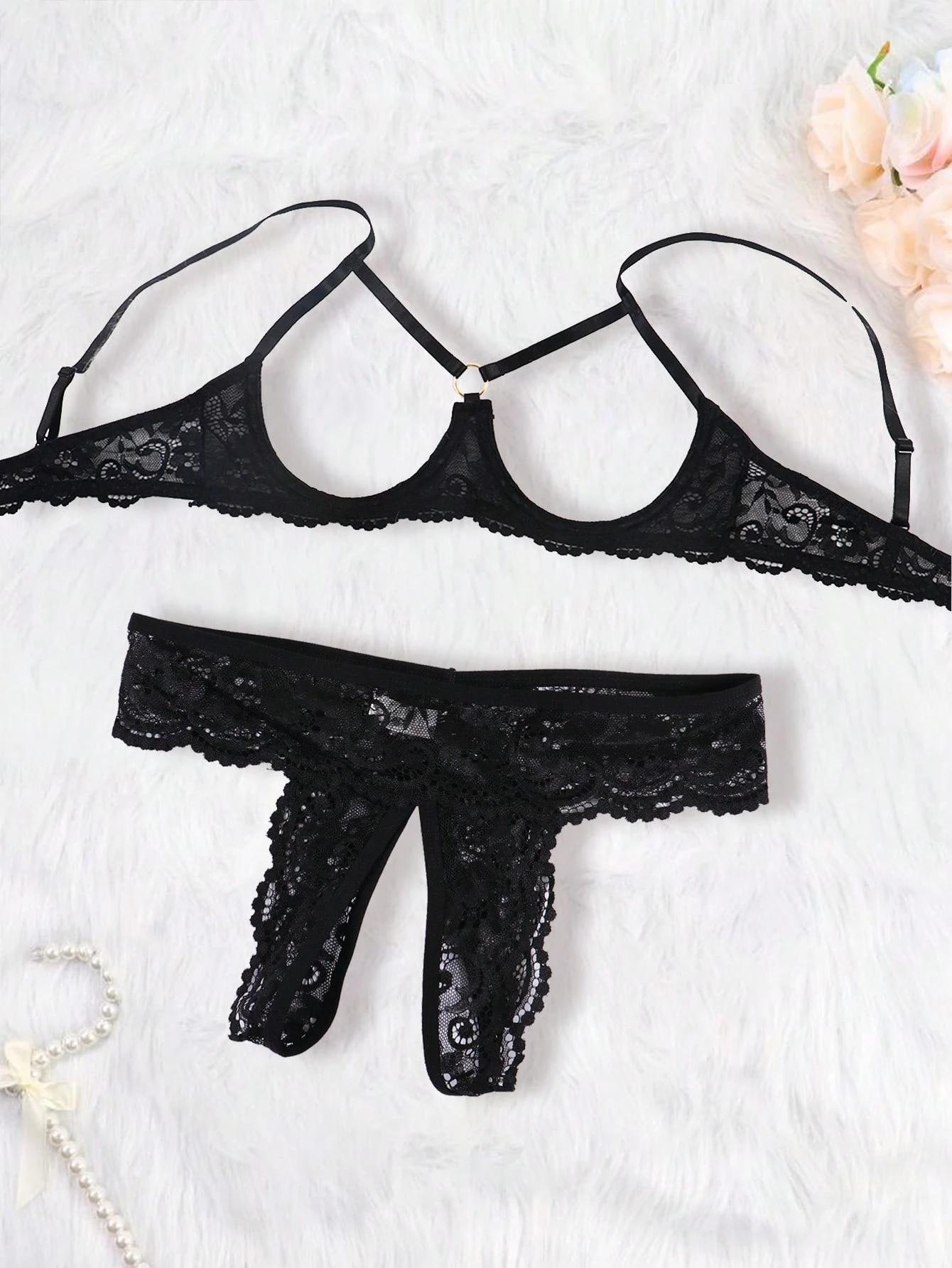 Women's Black Sexy Crotchless Lace Lingerie Set - Image 2